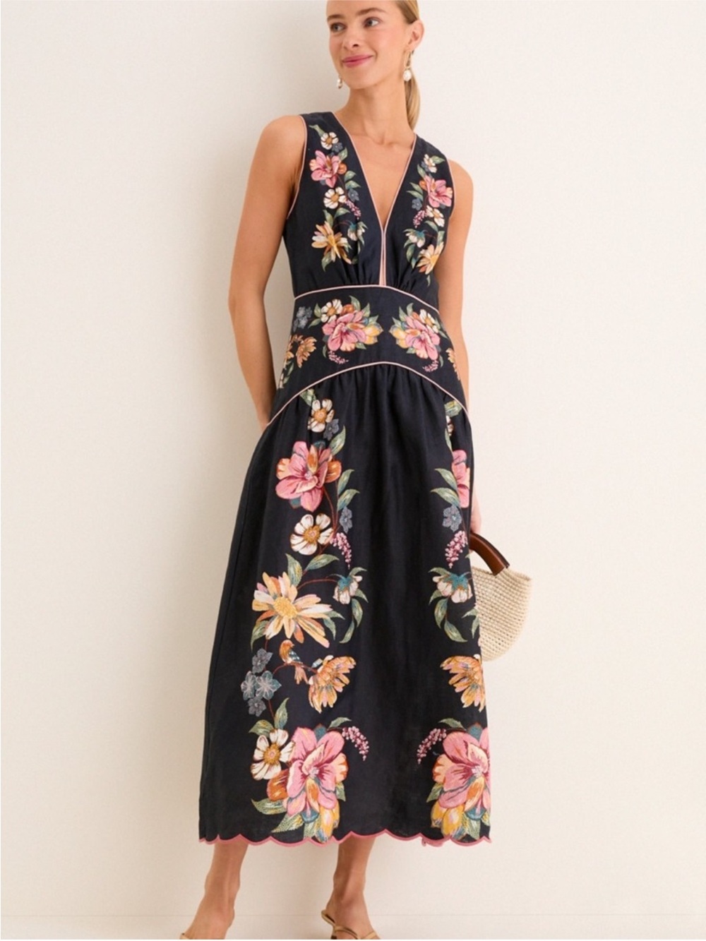 FARM Rio Maira Floral Dark Blue Linen Midi Dress Size Large NWT - Picture 2 of 14